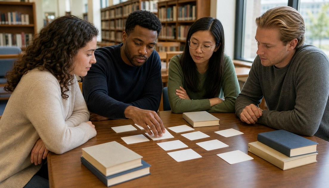 Four adults arrange blank cards beside six closed, plain-covered books on a wooden table in a library.