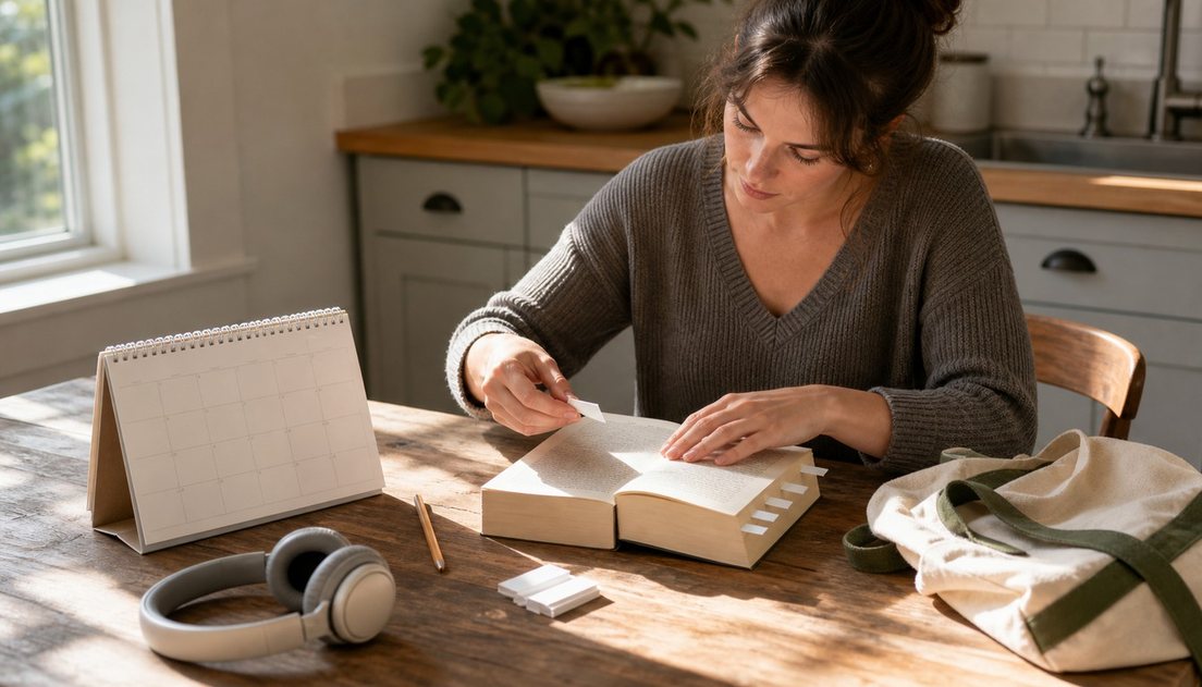 A woman adds a blank tab to a thick open book at a sunlit kitchen table beside a calendar, pencil, headphones, and tote.