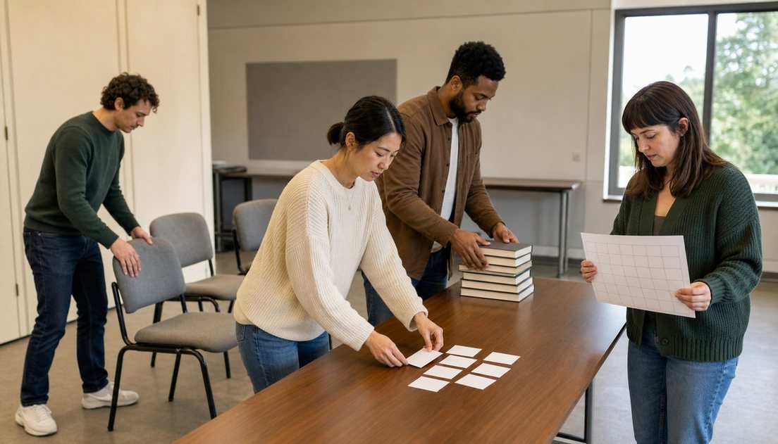 Four adults prepare a meeting room by positioning chairs, laying out blank cards, stacking plain books, and checking a blank calendar sheet.