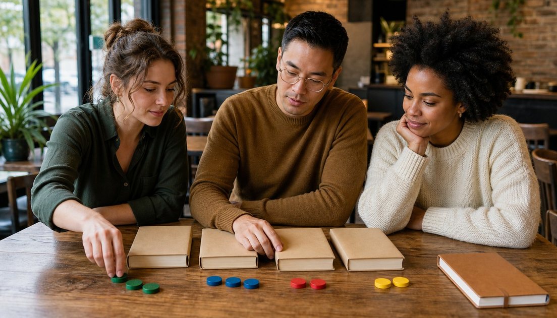 Three adults use colored tokens to choose among four brown-paper-wrapped books on a café table, with a closed planner nearby.