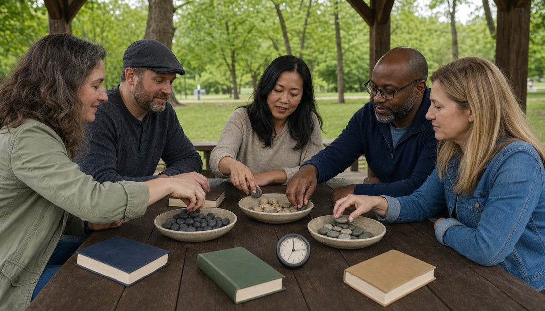 Five adults sort smooth stones into three shallow bowls at a park shelter table, with plain closed books and a small analog clock nearby.